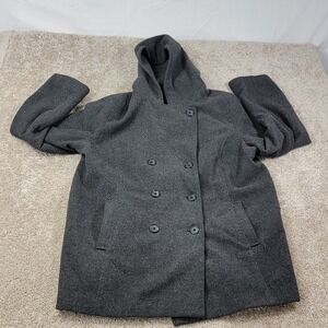 Covington Woman Grey Wool Blend Hooded Pea Coat Jacket Double Breasted 16-18W